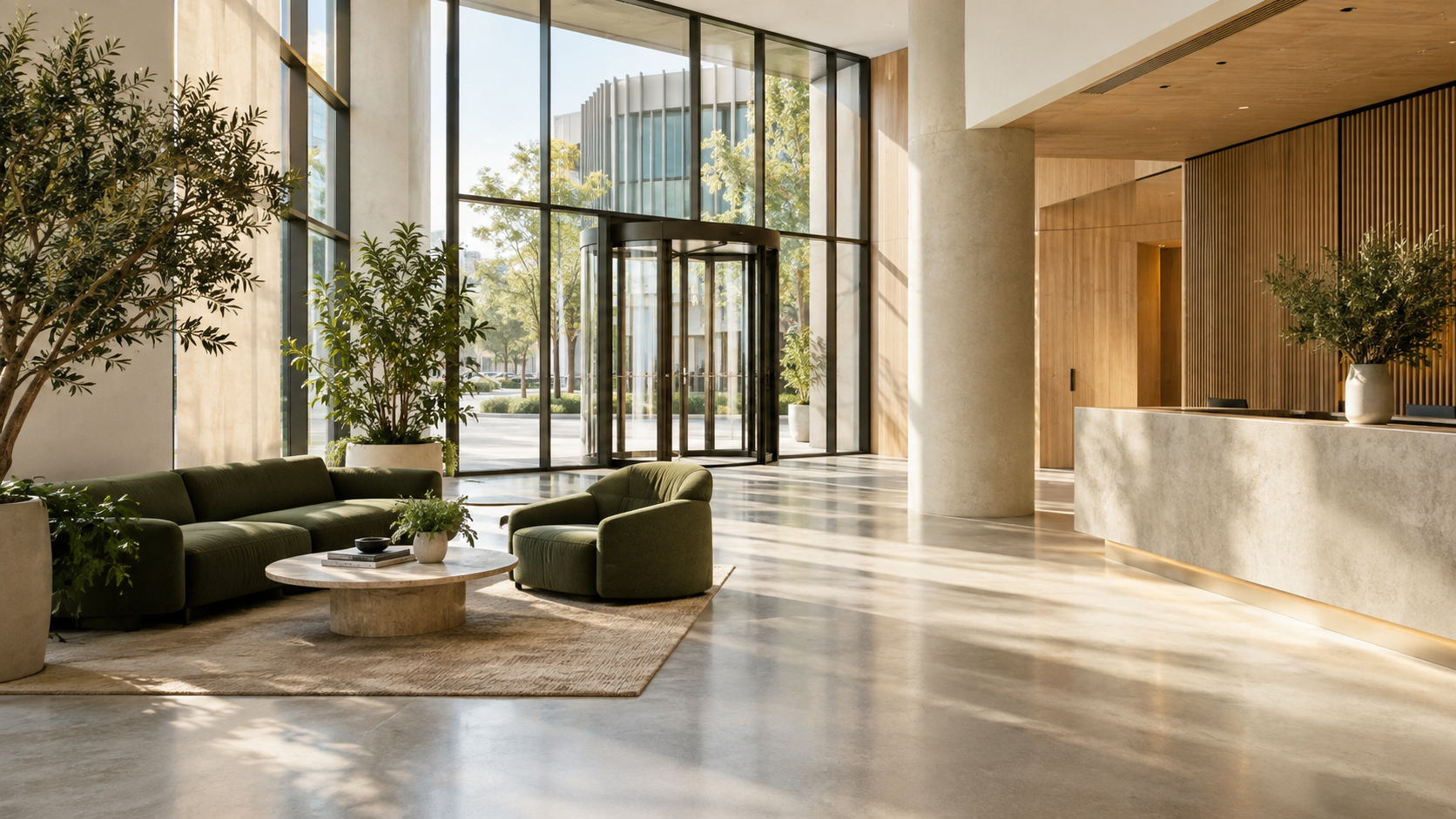 Illustrative contemporary commercial foyer with pale oak, green seating and afternoon sunlight